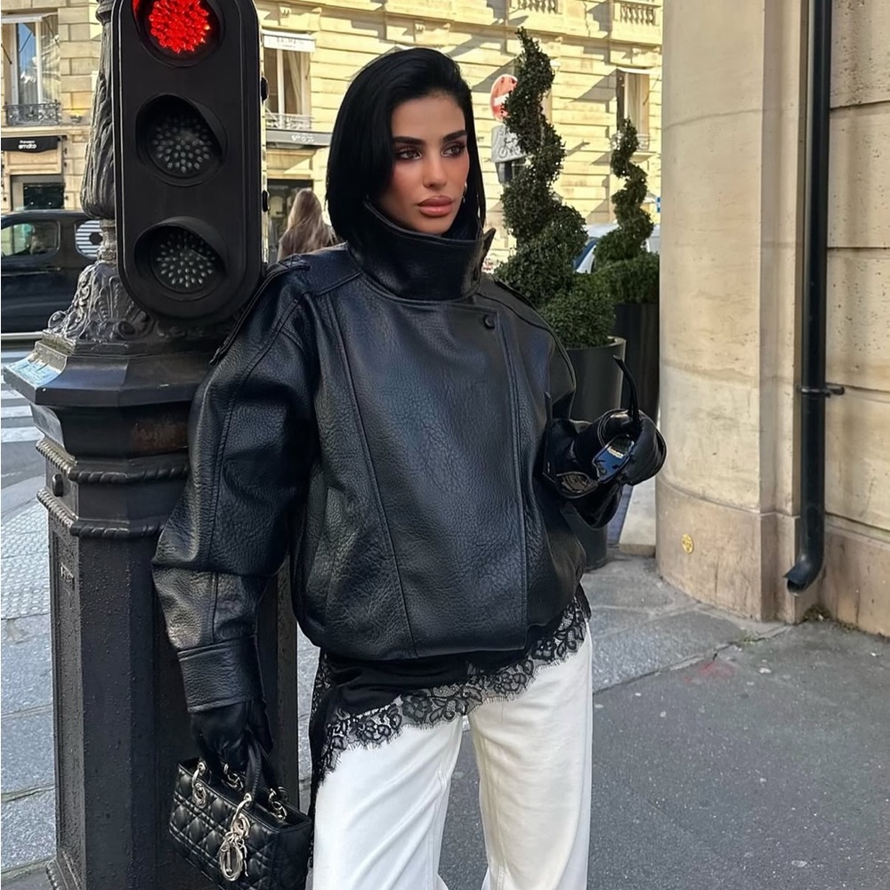 Zara Black Asymmetrical Faux Leather Bomber Jacket Viral Blogger